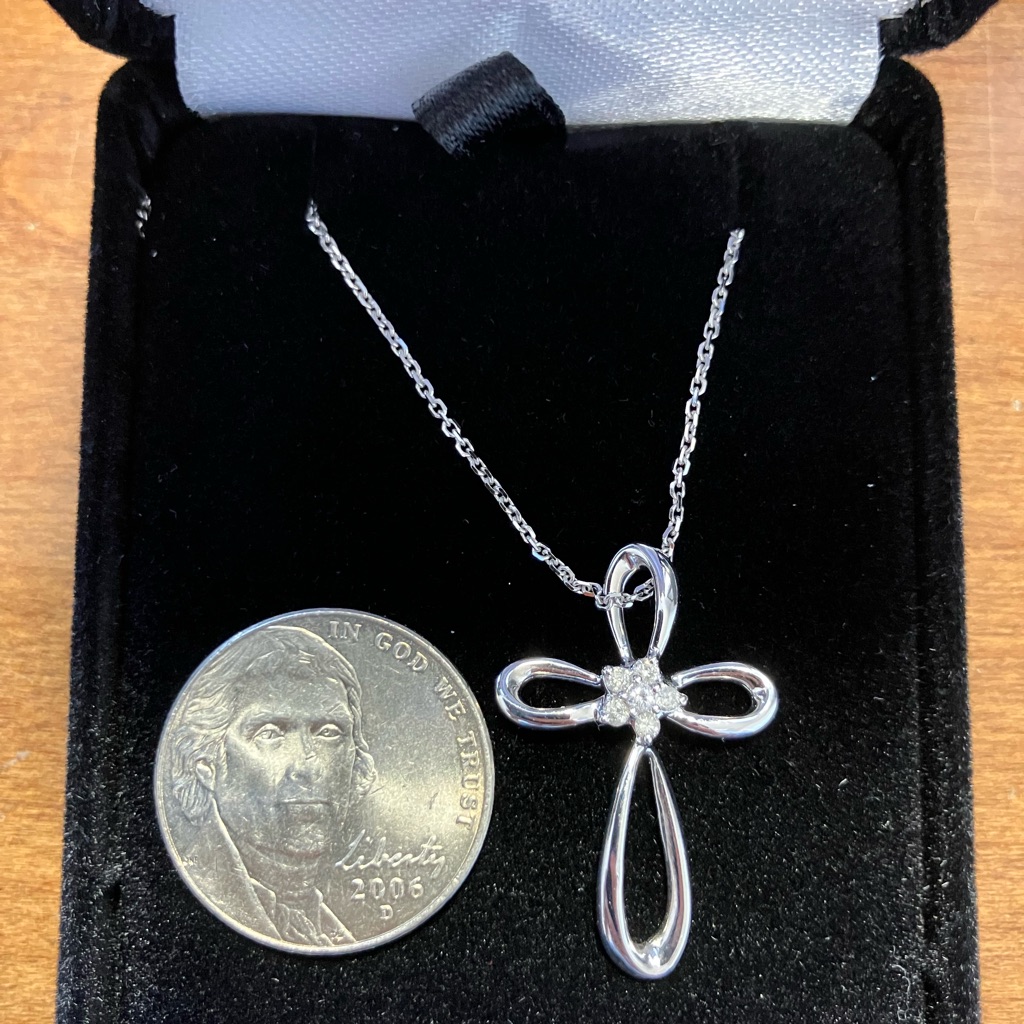 Elegant 14k White Gold Cross Pendant 16” Necklace